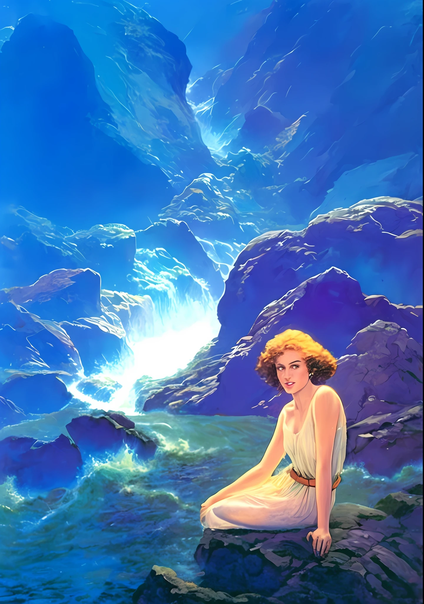 Painting of a woman sitting on a rock in the ocean - SeaArt AI