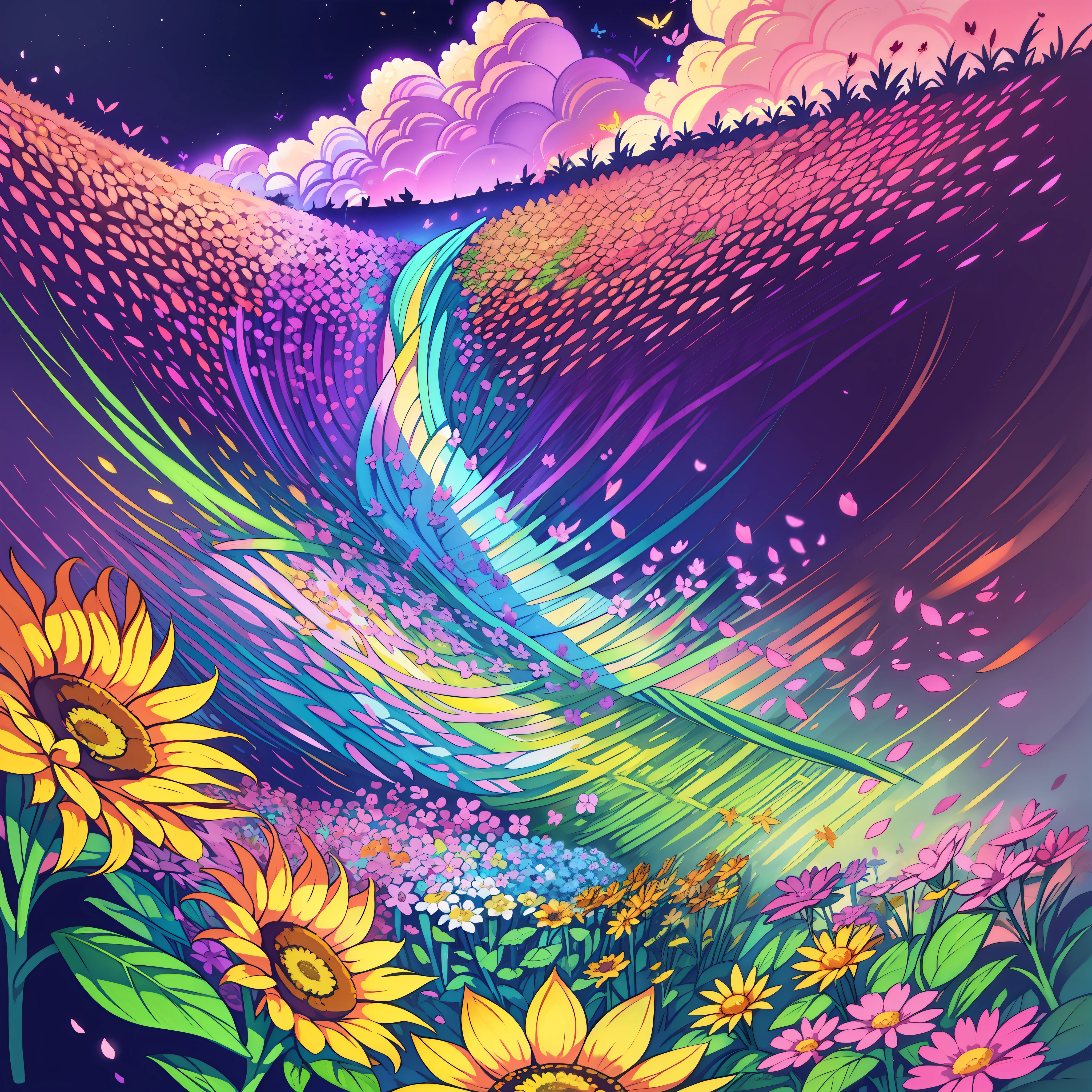 El fondo presenta un campo vasto y exuberante., Lleno de flores coloridas y vibrantes que bailan suavemente con el viento.. Una profusión de margaritas, Girasoles, Tulipanes y otras flores encantadoras llenan el espacio., Creando una paleta de colores alegre y vivaz.

entre las flores, Pequeñas mariposas se deslizan con gracia, Sus alas brillantes atrapan los rayos del sol.. mientras vuelan, Quedan rastros brillantes en el aire, creando una sensación mágica y misteriosa.

En el cielo azul claro, esponjoso, Las nubes blancas flotan suavemente, tomando formas divertidas y amigables. Parecen sonreír a las flores de abajo., Difundiendo un ambiente de alegría y diversión..

En el centro del fondo, Un gran arcoíris se extiende a través del horizonte., Sus colores vibrantes brillan intensamente.. Parece como si una lluvia de colores mágicos hubiera pintado el cielo., Añadiendo un toque especial de encanto al entorno..

Alrededor de las flores, Pequeños seres mágicos se esconden en el follaje.. Hadas curiosas con delicadas, Alas brillantes vuelan entre los pétalos, Dispersando polvo de estrellas que brilla a su paso. Pequeños elfos se esconden en las copas de los árboles., mirando con ojos brillantes y sonrisas traviesas.

El fondo transmite una sensación de asombro y encanto manteniendo al mismo tiempo un estilo artístico infantil.. Los trazos son suaves y redondeados., como si hubieran sido dibujados a mano por un niño, enfatizando la inocencia y la magia de la imaginación del niño.

Este fondo cautivador y mágico sería perfecto para un libro infantil., Una ilustración de cuento de hadas, o cualquier proyecto que desee capturar la belleza y la diversión del mundo infantil..