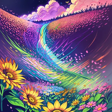 The background features a vast and lush field, filled with colorful and vibrant flowers that dance softly in the wind. A profusi...