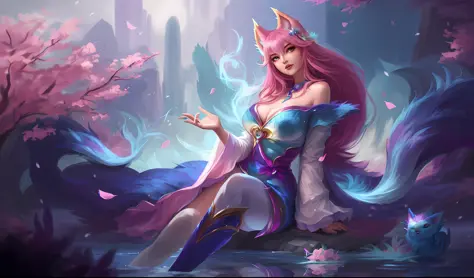 uma mulher com cabelo rosa e um vestido azul sentado em uma lagoa, Ahri, Retrato de Ahri, Personagem de League of Legends, Ahri, de League of Legends, Estilo de League of Legends