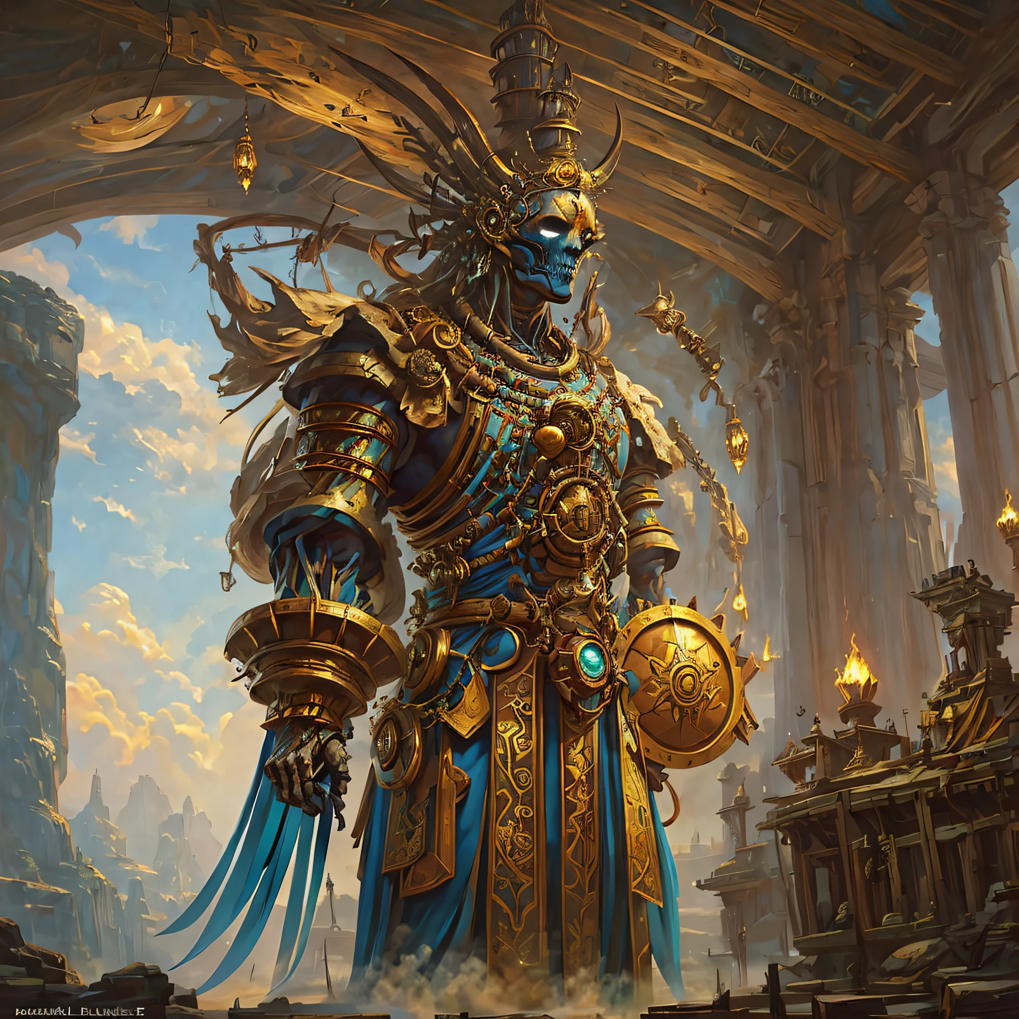 there is a man in a costume standing in a building, kaladesh concept art. mechanical, magic the gathering card art, magic the gathering art, magic : the gathering art, magic the gathering concept art, collectible card art, mtg art, kaladesh, full art, an epic majestical degen trader, fantasy card game art, magic the gathering artwork，Cyberpunk mechanical skeleton shamans wield king drums and whips stand above the wasteland of various prayer flags and dragon da --auto --s2