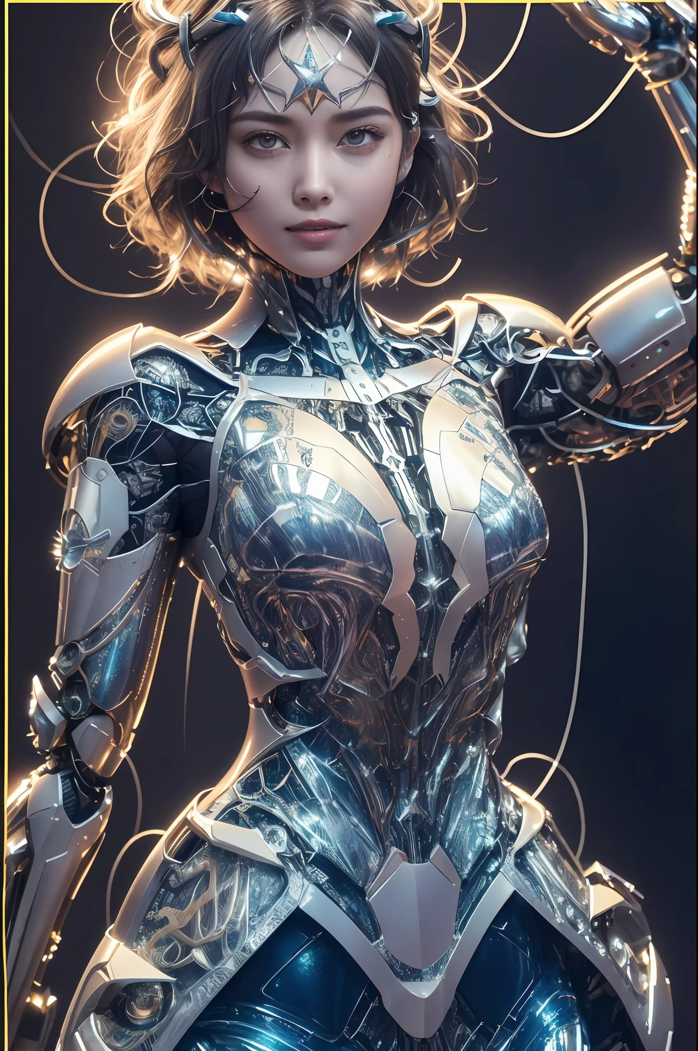 Masterpiece artwork, best qualityer, super verbose, very detailed illustrations, "eyes very detailed", details Intricate, hight resolution, super complex details, very detailed 8k cg wallpaper, 50mm Lens, caustic, reflexes, ray tracing, nebulas, dark halos, network effects, (1girl: 1.4), 独奏, standing alone, mecha musume, mechanical parts, robot joints, single mechanical arm, headware, mechanical halo, star halo, electrical mechanical bodysuit, mecha corset,  kimono, Full Armor, very long hair, White hair, hair between the eyes, multicolored hair, blue colored eyes, glare eyes, random expression, random action, ancient Chinese architecture, starry sky, horizont, ((Centered image)) without cutting off the head.