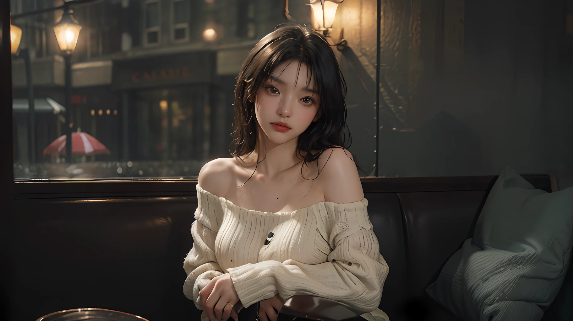 maximum quality、MASTERPIECE、Super High Resolution、(photorealistic:1.4)、Raw photo、1 girl、off shoulder、In the rainy city、A crowded figure in the background、Rainy evening、Sit in an antique café、Warm lights、It looks cold outside the window