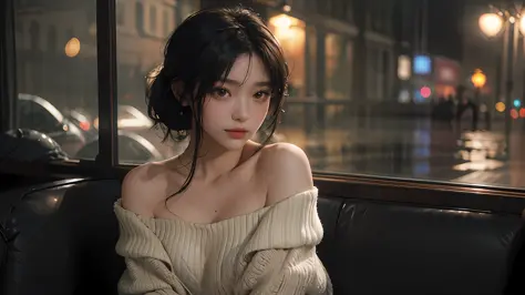 maximum quality、MASTERPIECE、Super High Resolution、(photorealistic:1.4)、Raw photo、1 girl、off shoulder、In the rainy city、A crowded figure in the background、Rainy evening、Sit in an antique café、Warm lights、It looks cold outside the window