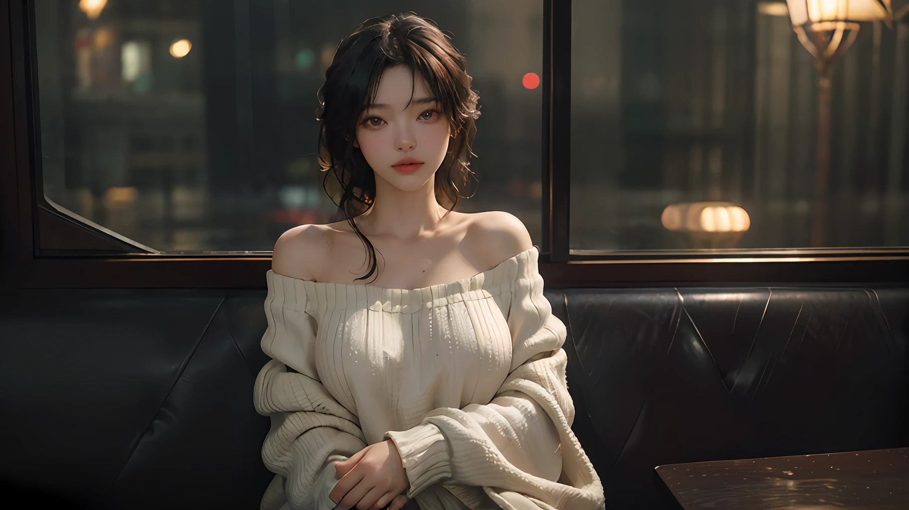 maximum quality、MASTERPIECE、Super High Resolution、(photorealistic:1.4)、Raw photo、1 girl、off shoulder、In the rainy city、A crowded figure in the background、Rainy evening、Sit in an antique café、Warm lights、It looks cold outside the window