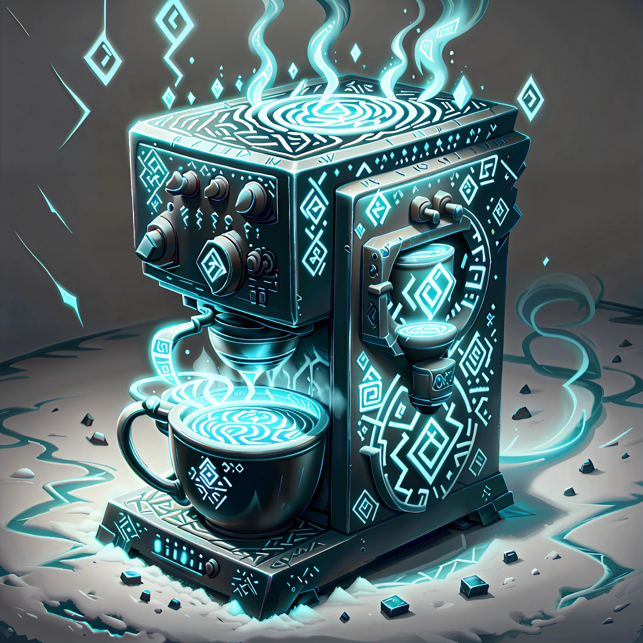 (IceMagicAI:0.6), GlowingRunesAIV2_paleblue, coffee machine from the 2000's