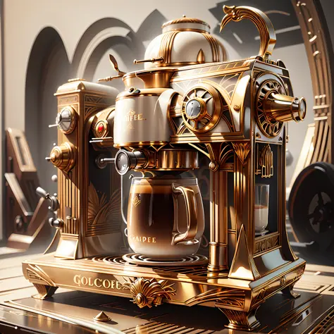 concept art, white background, 
ArtDecoAI golden
coffee machine 
, detailed