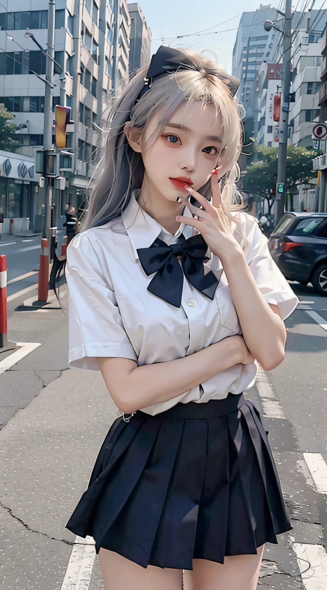 8k, RAW photos，of the best quality，a masterpiece，lifelike，Photorealistic，at nighttime，looks at the viewer，white hair，Pose，The streets of Tokyo，night scenery，Cyberpunk City，pastel light，1 girl，extremely beautiful face，Larger chest，put down hands，random hairstyle，Random expressions，big eye，，Alvine，short sleeve，Short dark blue skirt，Bow tie，mix4。