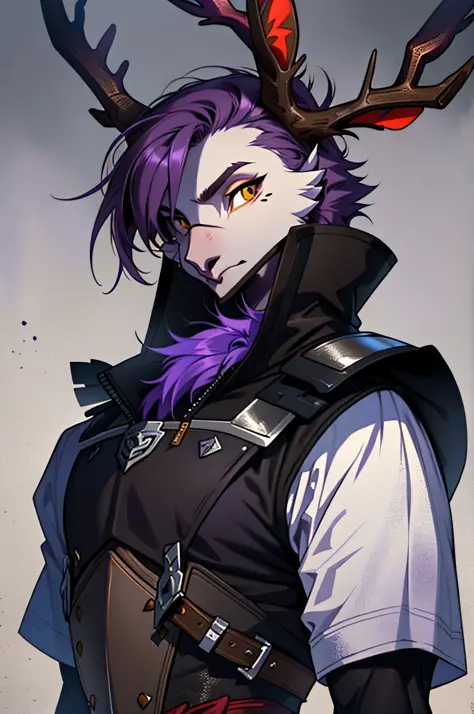 Knight Jackalope, short purple hair, jackalope antlers, dark armor(masterpiece, best quality)