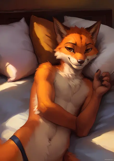 beautiful and detailed portrait of a (((feminine))) male anthro orange cat, kenket, Ross Tran,ruan jia, uploaded to e621, zaush, foxovh, cinematic lighting, green thong ,(((confident, seductive))) smile bedroom, (((laying on))) bed, pillows, bl