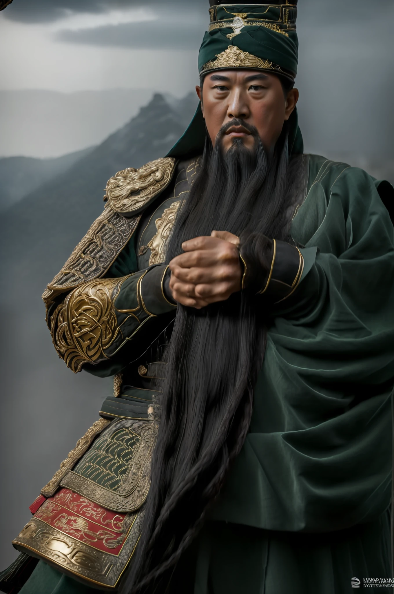 The whole body, including the crown of the head, is in the picture, (green clothes, fearless and intelligent face, (colored skin), (waist-length, heavy black beard): 1.2), (clothes of the Three Kingdoms era: 1.2), long pants, (insanely detailed, bloom: 1.5), (best quality, photo, 4K), (photo: 1.2), (high sharpness), (detailed pupil: 1.1), (photo: 1.1), detailed face and eyes, Masterpiece, Top Quality, (HD Photo:1.1), 8k, Photorealistic, (Black Hair Color), (pureerosface_v1:0.2), [:(More Face:1.2):0.2], Sharp, Real, Real Shadow, (Chinese Castle Background: 1.2), Guan Yu alone.