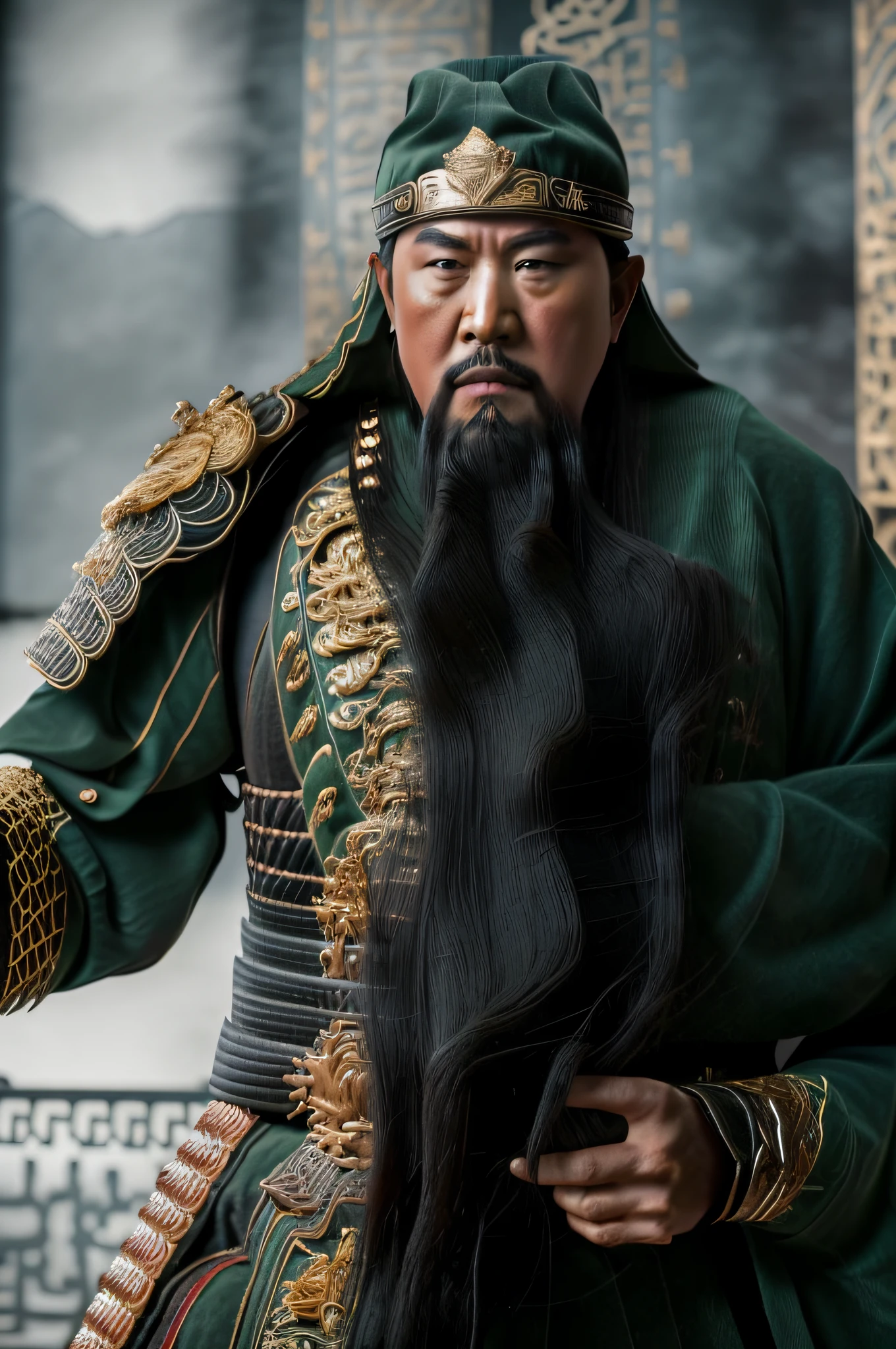 The whole body, including the crown of the head, is in the picture, (green clothes, fearless and intelligent face, (colored skin), (waist-length, heavy black beard): 1.2), (clothes of the Three Kingdoms era: 1.2), long pants, (insanely detailed, bloom: 1.5), (best quality, photo, 4K), (photo: 1.2), (high sharpness), (detailed pupil: 1.1), (photo: 1.1), detailed face and eyes, Masterpiece, Top Quality, (HD Photo:1.1), 8k, Photorealistic, (Black Hair Color), (pureerosface_v1:0.2), [:(More Face:1.2):0.2], Sharp, Real, Real Shadow, (Chinese Castle Background: 1.2), Guan Yu alone.