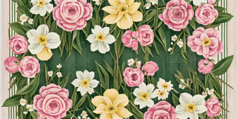 Illustrate a 16:9 composition showcasing a visually striking bar made up of roses and tulips, hydrangeas, and daffodils, positio...