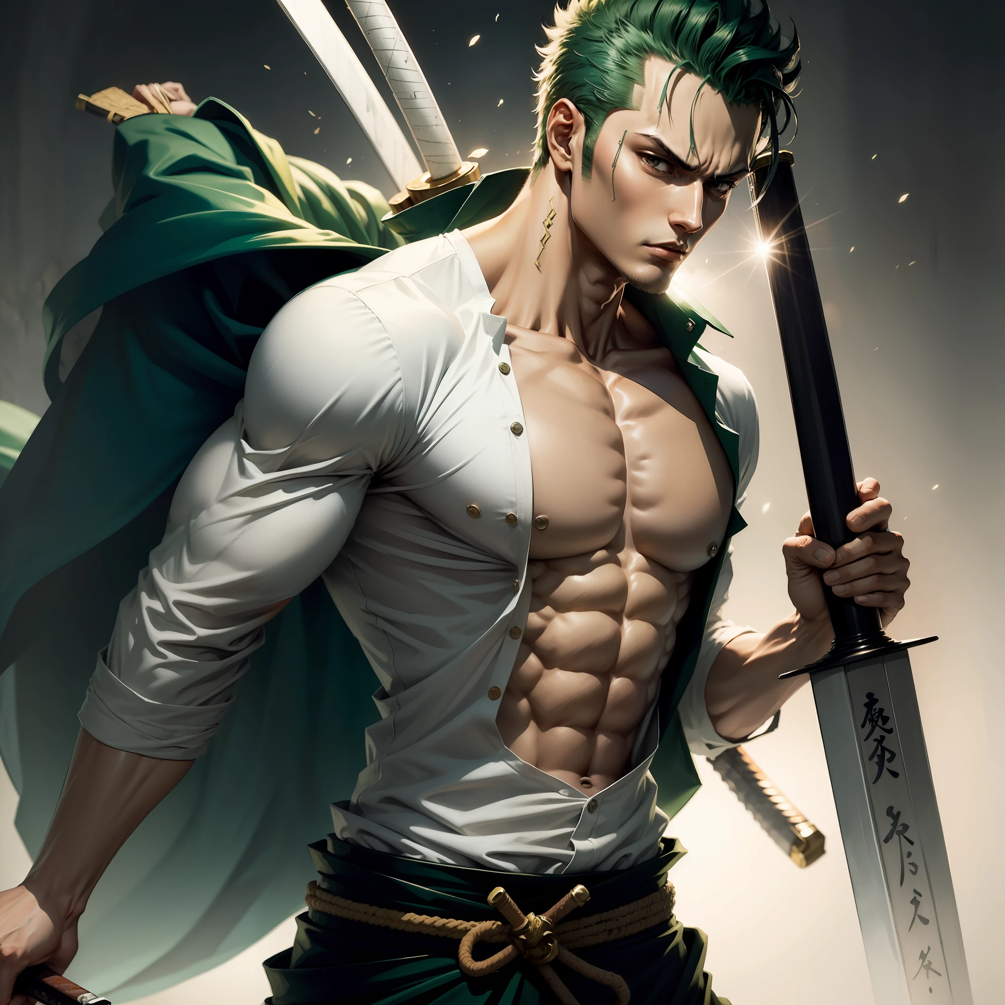 Roronoa Zoro, com espadas, macho, forte, intricado, alta qualidade, 1 homem, camisa branca