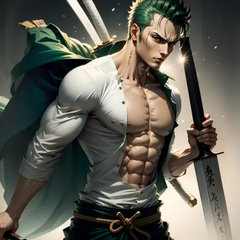 Roronoa Zoro, with swords, male, strong, intricate, high quality, 1man, white shirt