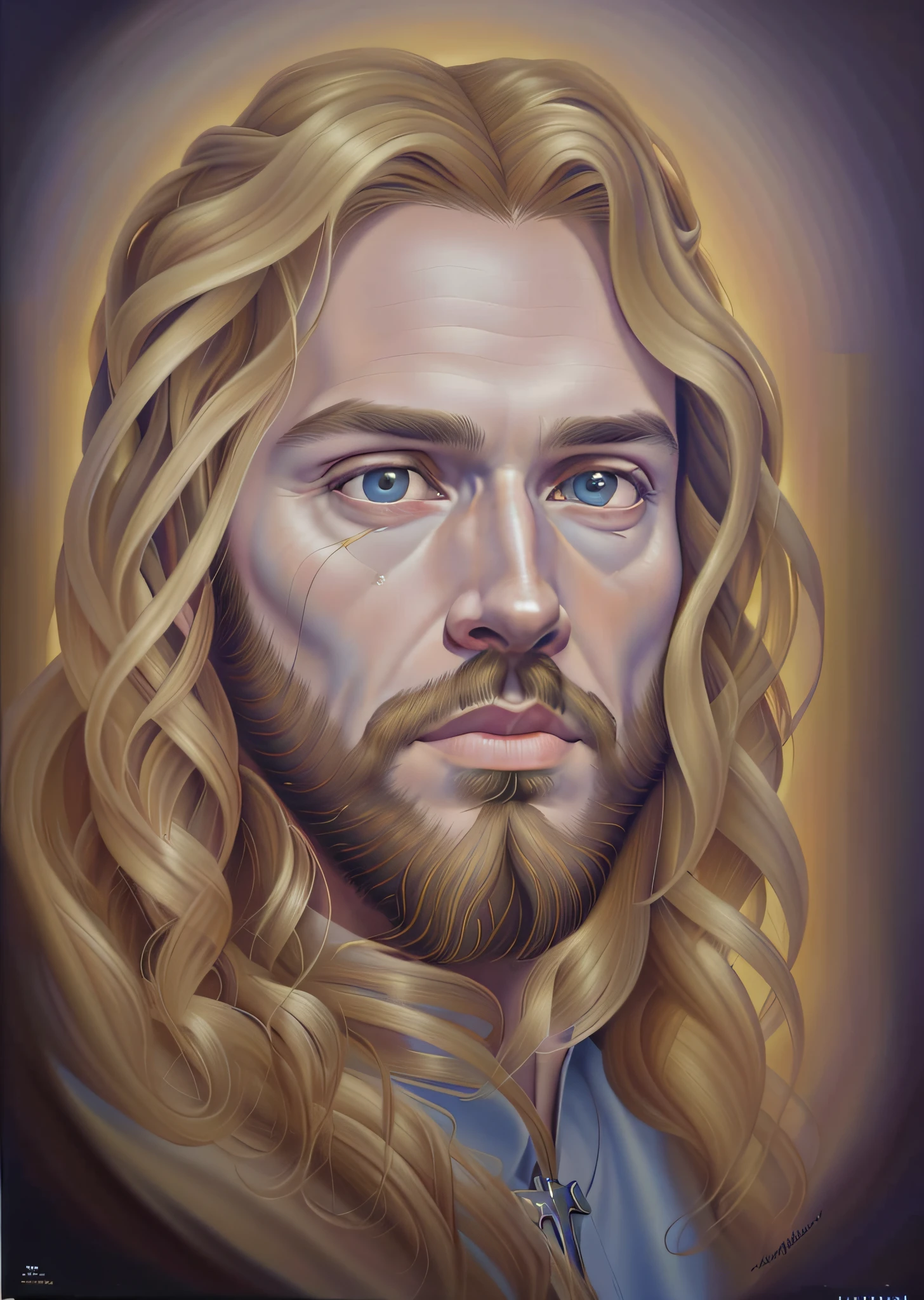 Pintura de Jesus com cabelos longos e olhos azuis, Retrato de Jesus Cristo, rosto de Jesus, Jesus Cristo, jesus of nazareth, pintura aerada;, A face de Deus, airbrush on canvas, arte aerada suave, christian art, retrato da obra-prima religiosa, pintura religiosa, an airbrush painting, Jesus Gigachad, Jesus, arte aerada