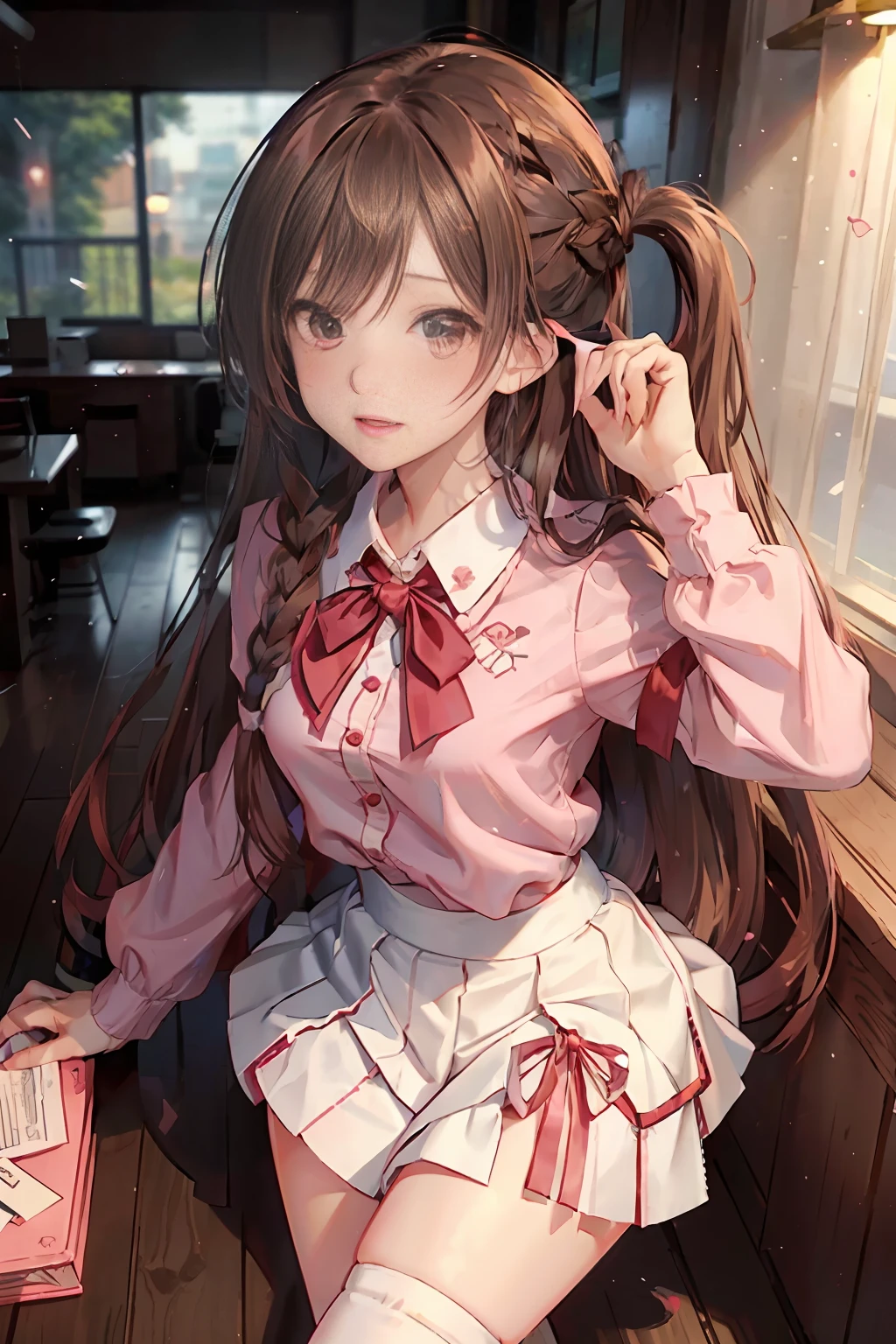 mizuhara chizuru (rent a girlfriend) lives in real life, and has features:long hair, braid, one side up, solo, white skirt, red ribbon, pink shirt, pleated skirt, bangs, neck ribbon, puffy short sleeves