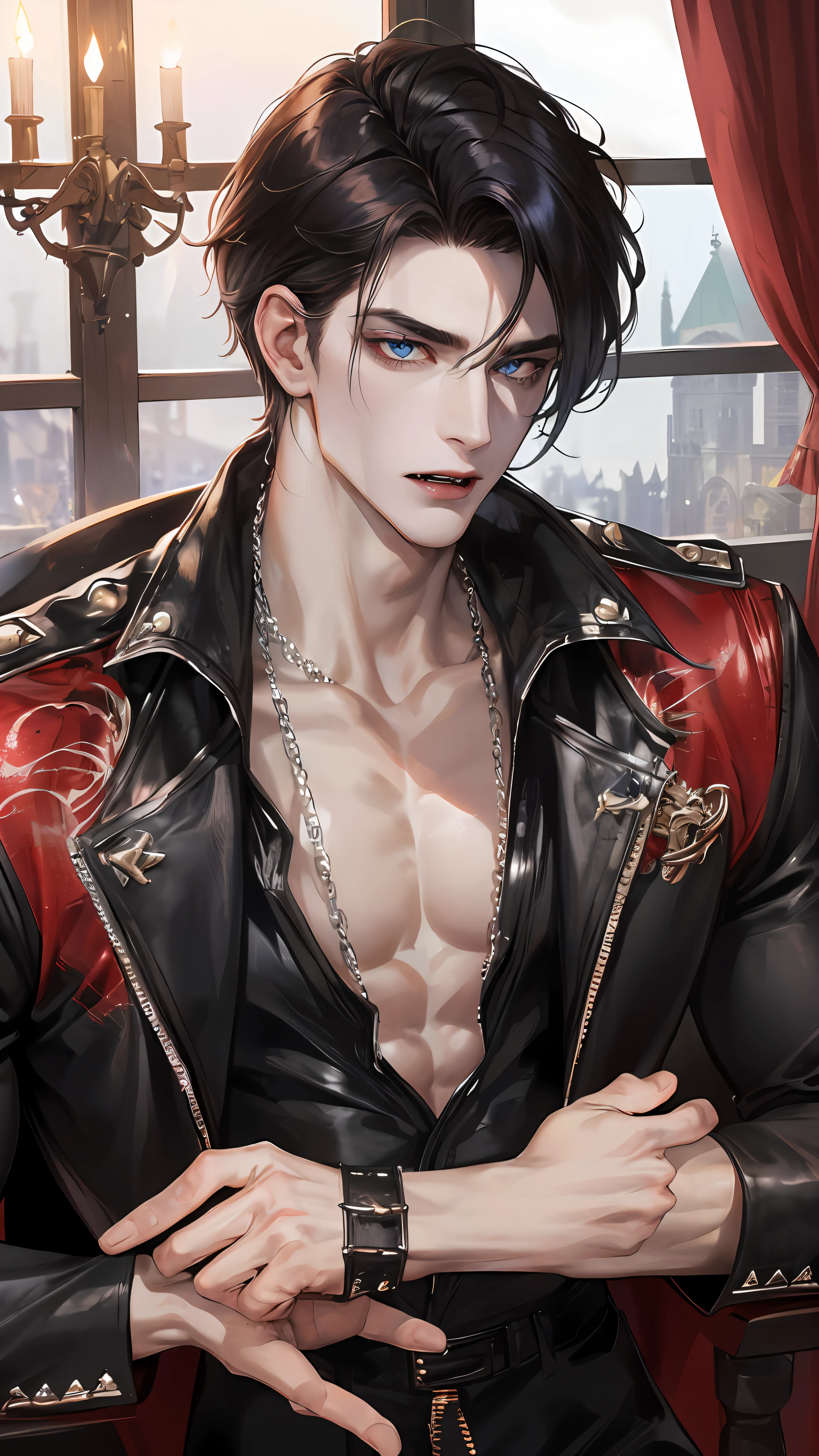 man, vampire, masculine, masculine face, attractive, muscular, ((1man)), masterpiece, absurdres, best quality ,intricate details , (shiny skin, shiny body, shiny oily luster skin, shiny hair, pale skintone), old castle, Sundown, attractive, ((muscular)), adult, one, tattoo in his chest ,black blouse, earrings, black pants, Don't look at the view , Not looking at the view, red short hair, perfect detailed face, perfect detailed hands, vampire fangs, blue eyes, ((MLS)), medium large shoot