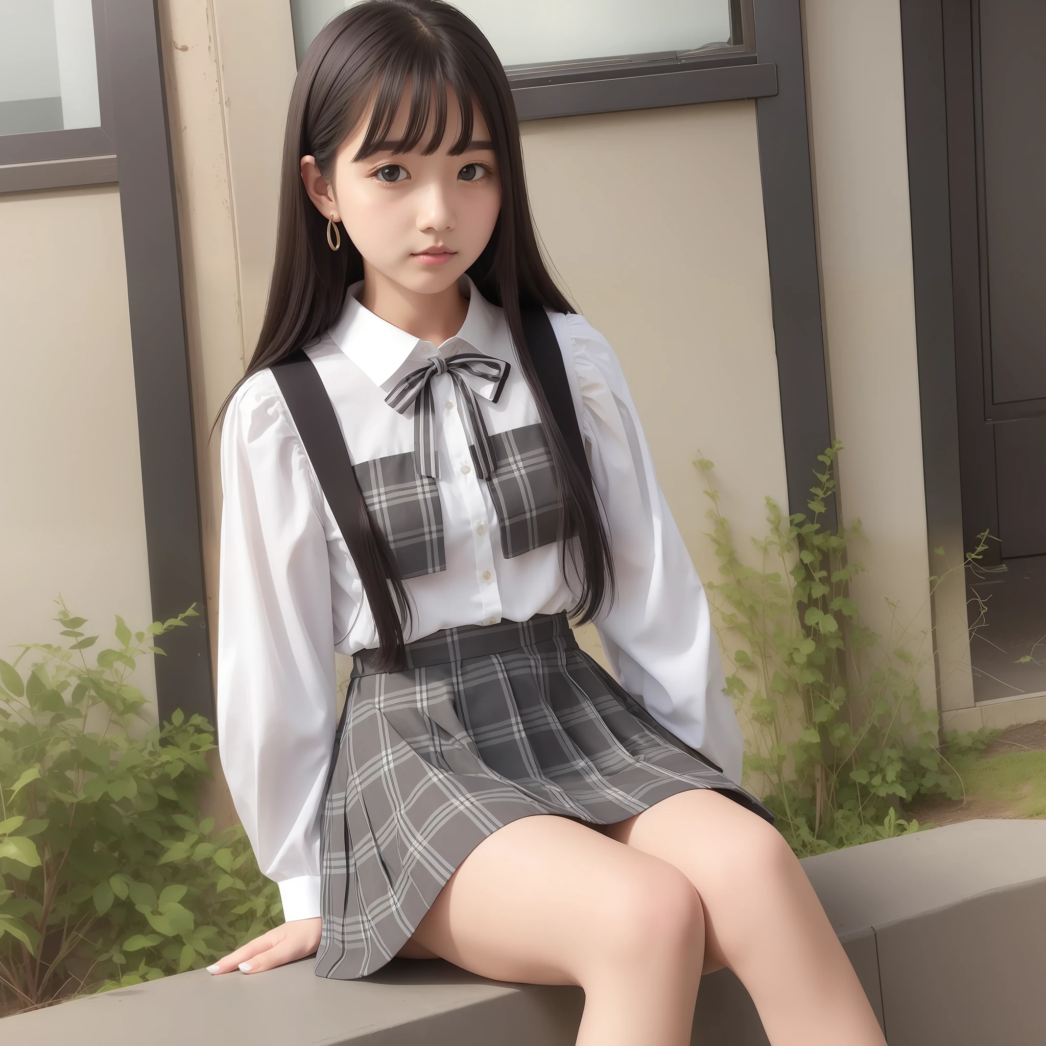 White blouse、Grey plaid skirt、medium Hair、dark black hair、satchel、middle School girls