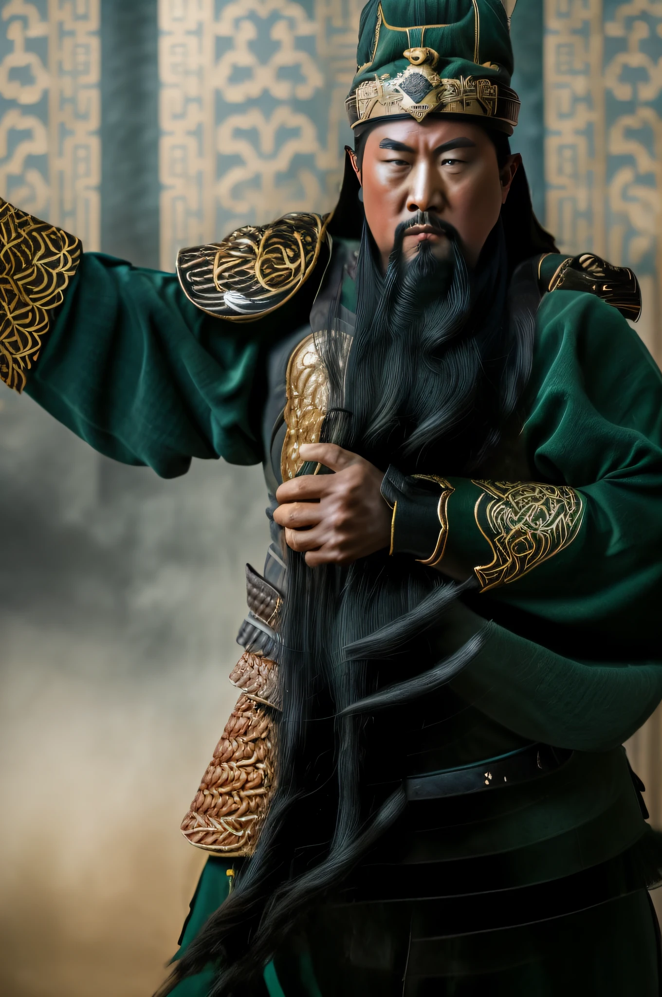 The whole body, including the crown of the head, is in the picture, (green clothes, fearless and intelligent face, (colored skin), (waist-length, heavy black beard): 1.2), (clothes of the Three Kingdoms era: 1.2), long pants, (insanely detailed, bloom: 1.5), (best quality, photo, 4K), (photo: 1.2), (high sharpness), (detailed pupil: 1.1), (photo: 1.1), detailed face and eyes, Masterpiece, Top Quality, (HD Photo:1.1), 8k, Photorealistic, (Black Hair Color), (pureerosface_v1:0.2), [:(More Face:1.2):0.2], Sharp, Real, Real Shadow, (Chinese Castle Background: 1.2), Guan Yu alone.