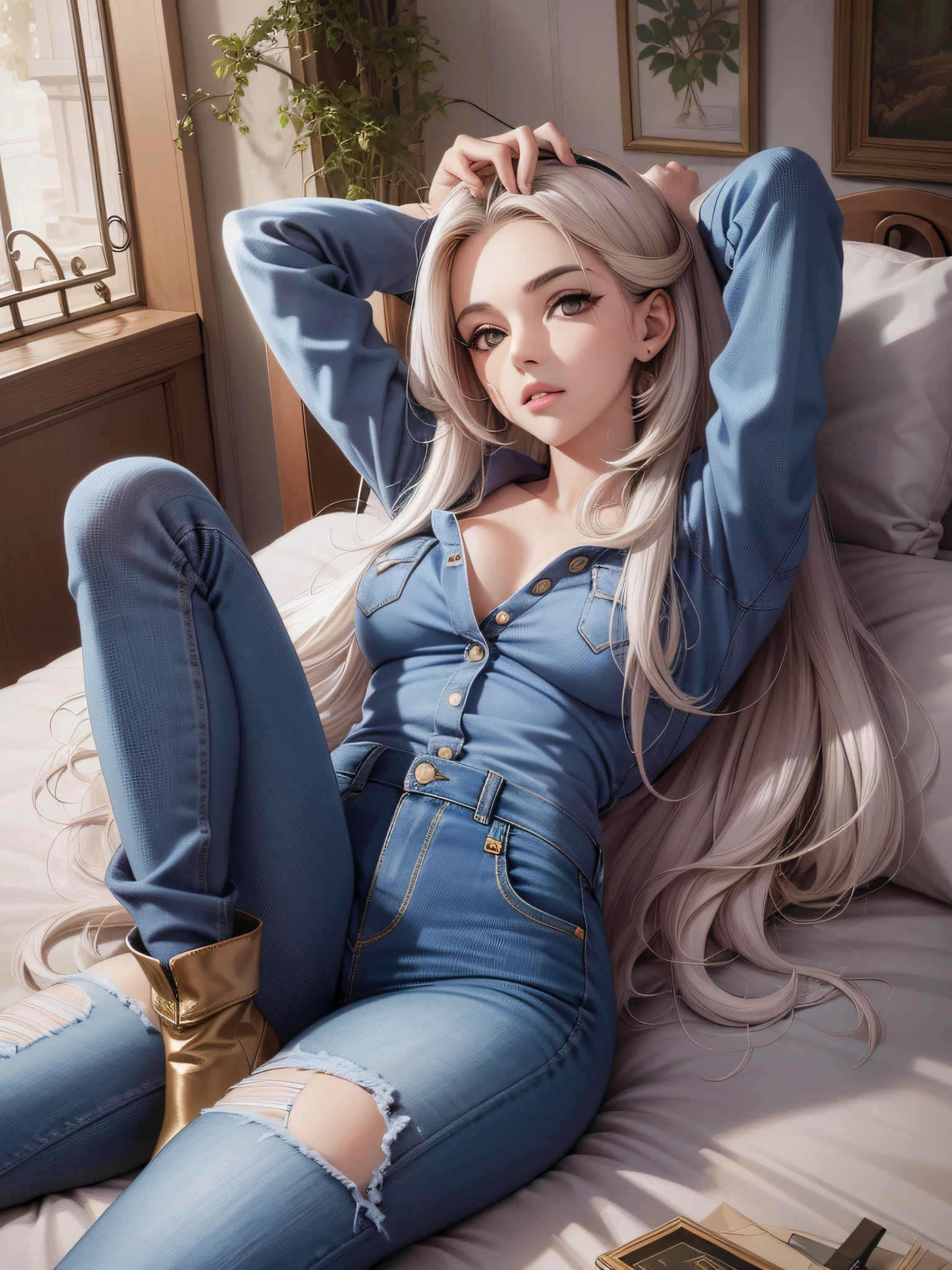 A woman with long blonde hair laying on a bed in a blue denim jumpsuit -  SeaArt AI