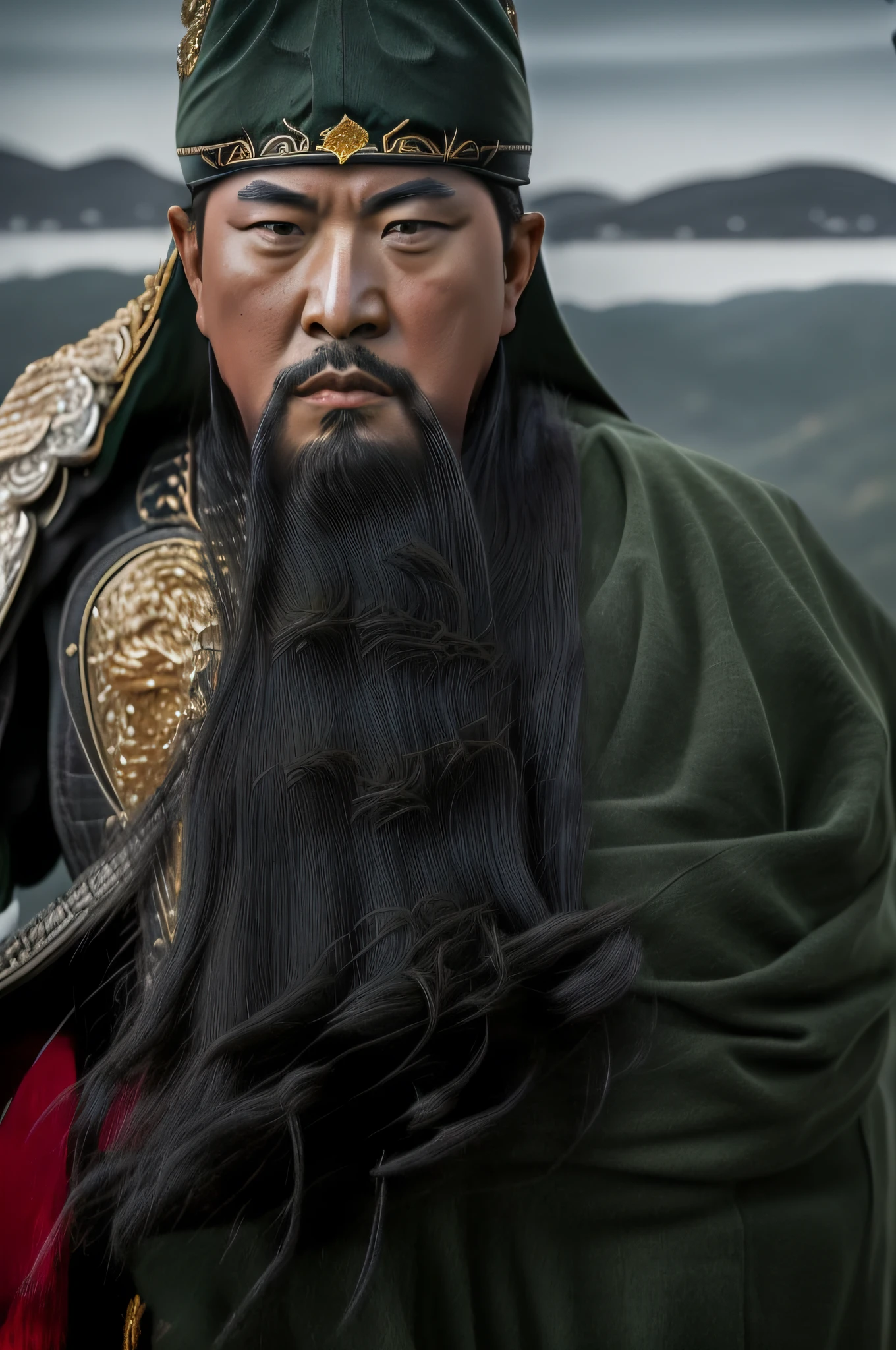 The whole body, including the crown of the head, is in the picture, (green clothes, fearless and intelligent face, (colored skin), (waist-length, heavy black beard): 1.2), (clothes of the Three Kingdoms era: 1.2), long pants, (insanely detailed, bloom: 1.5), (best quality, photo, 4K), (photo: 1.2), (high sharpness), (detailed pupil: 1.1), (photo: 1.1), detailed face and eyes, Masterpiece, Top Quality, (HD Photo:1.1), 8k, Photorealistic, (Black Hair Color), (pureerosface_v1:0.2), [:(More Face:1.2):0.2], Sharp, Real, Real Shadow, (Chinese Castle Background: 1.2), Guan Yu alone.