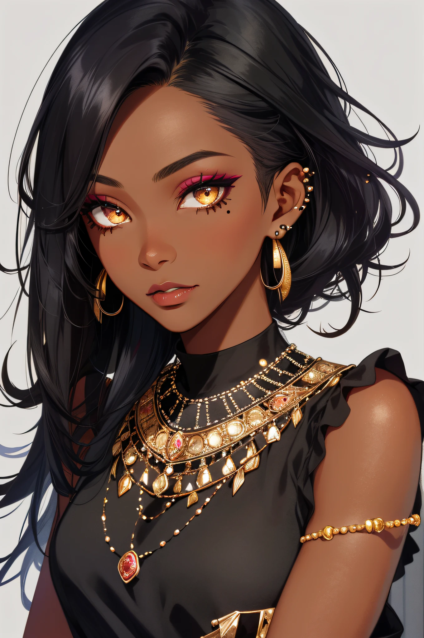 1girl, asymmetrical_hair, black_hair, dark-skinned_female, dark_skin, ear_piercing, earrings, eyeshadow, jewelry, lips, long_hair, looking_at_viewer, makeup, mole, mole_under_eye, nose, piercing, realistic, solo, stud_earrings