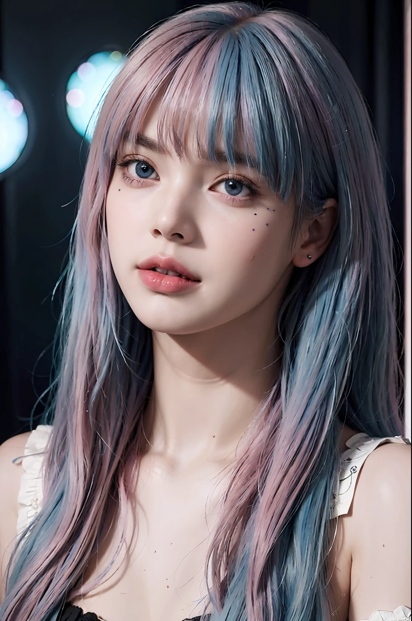 Best quality, masterpiece, super high resolution, multicolored hair (((blue hair))), (((streak pink hair))), long hair, two moles under the eyes, gradient eyes, eyeballs, shyness, smile, evil, off-the-shoulder, character setting, close-up, surrealism, UHD, award-winning, bust, colourful hair,  ((blunt bangs)), (((blue eyes))), really beautiful face, super beautiful face
