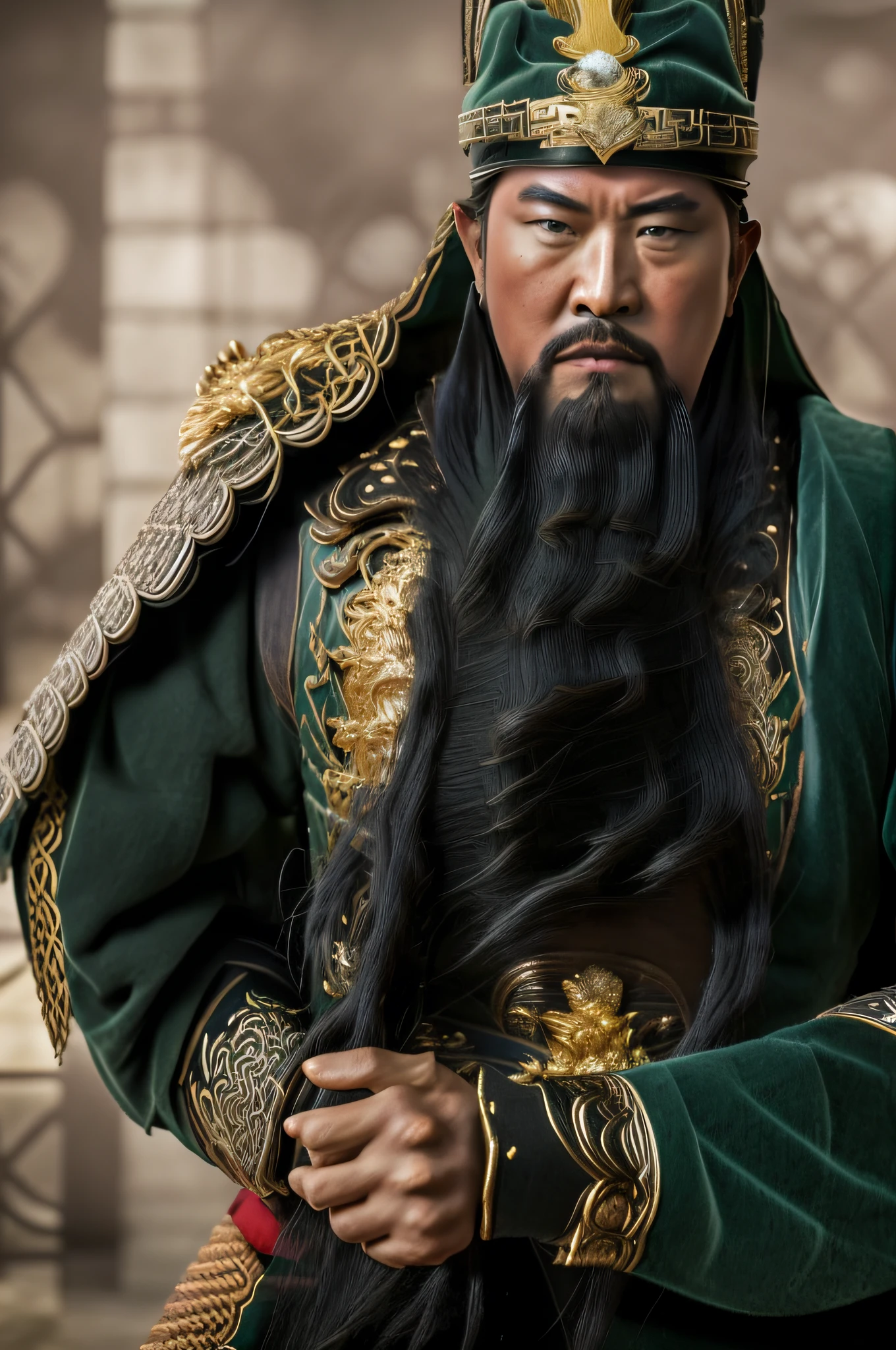 The whole body, including the crown of the head, is in the picture, (green clothes, fearless and intelligent face, (colored skin), (waist-length, heavy black beard): 1.2), (clothes of the Three Kingdoms era: 1.2), long pants, (insanely detailed, bloom: 1.5), (best quality, photo, 4K), (photo: 1.2), (high sharpness), (detailed pupil: 1.1), (photo: 1.1), detailed face and eyes, Masterpiece, Top Quality, (HD Photo:1.1), 8k, Photorealistic, (Black Hair Color), (pureerosface_v1:0.2), [:(More Face:1.2):0.2], Sharp, Real, Real Shadow, (Chinese Castle Background: 1.2), Guan Yu alone.