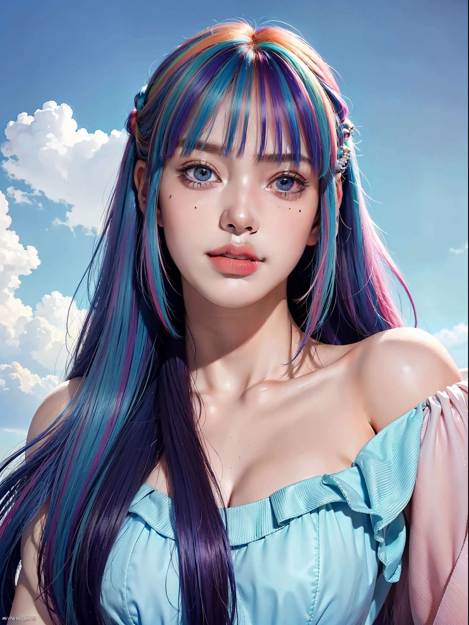 Best quality, masterpiece, super high resolution, multicolored hair, long hair, two moles under the eyes, gradient eyes, eyeballs, smile, evil, off-the-shoulder, character setting, close-up, surrealism, UHD, medium breast, colourful hair,  ((blunt bangs)), blue eyes, really beautiful face, super beautiful face