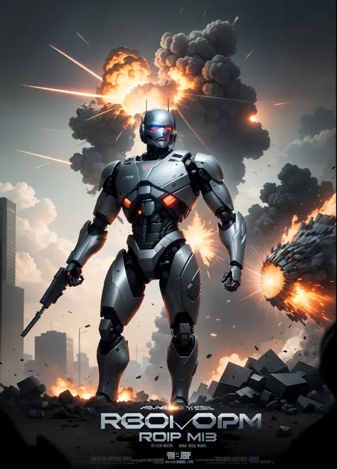 robocop cyborg dispara arma grande , with explosions behind, cartaz do filme