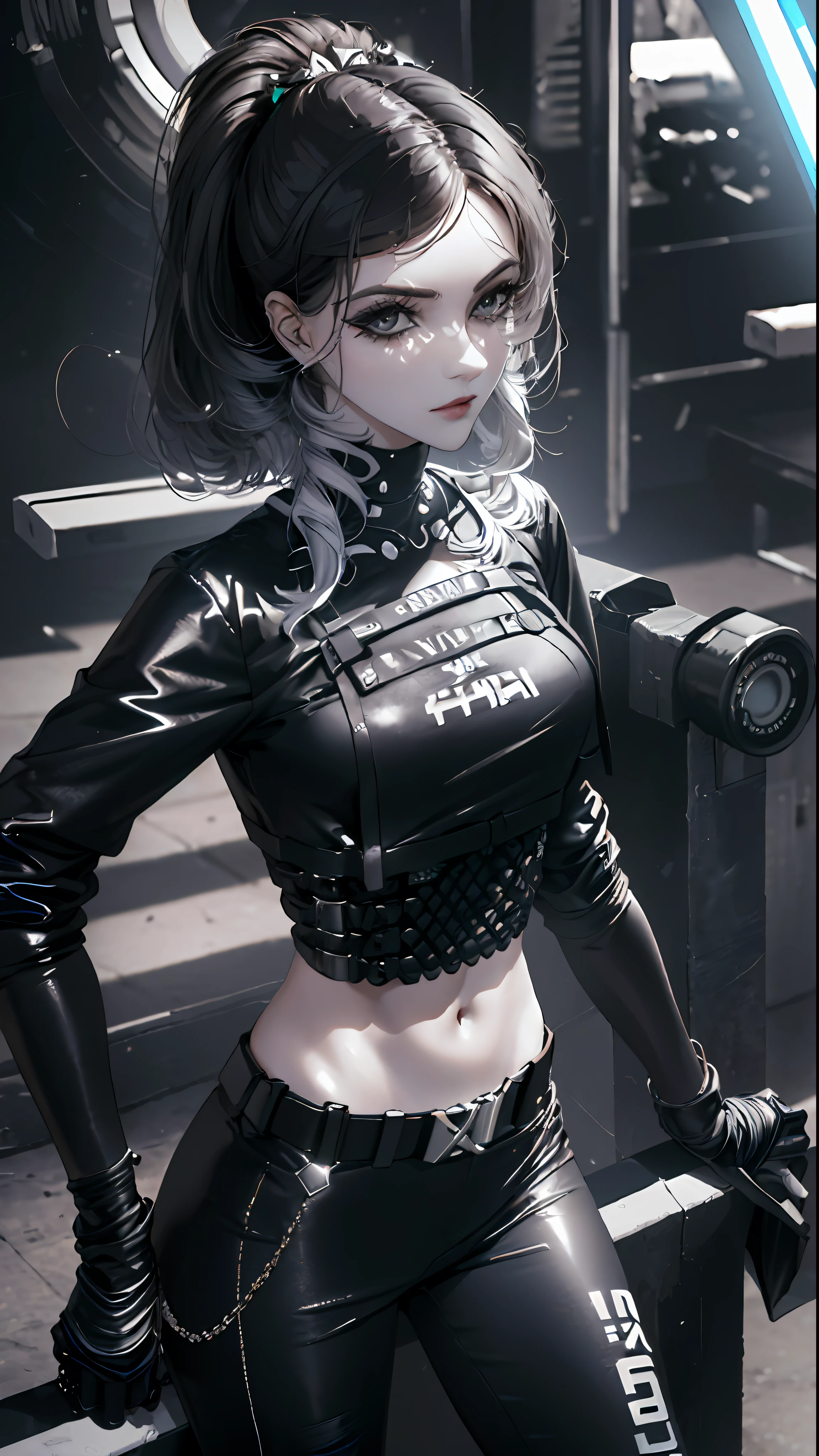 ((best qualityer)), ((Work-before)), (highy detailed:1 naked woman.3), ..3d, Bela (cyberpunk:1 naked woman.3) , Stylish woman looking at camera, black pants, black tee