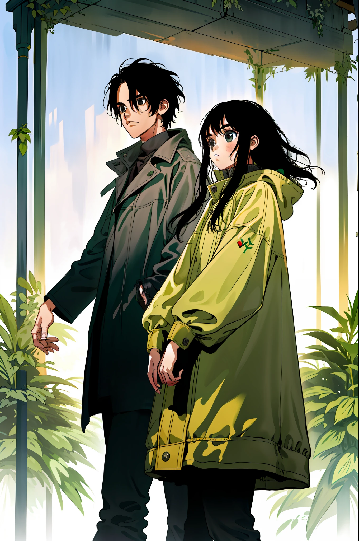 a young girl with long hair and in a cold coat and coxicol talking to a young tall boy with short hair and in a sweatshirt, a scene with a girl and a boy talking, a beautiful villa with lots of plants, high quality, lots of details