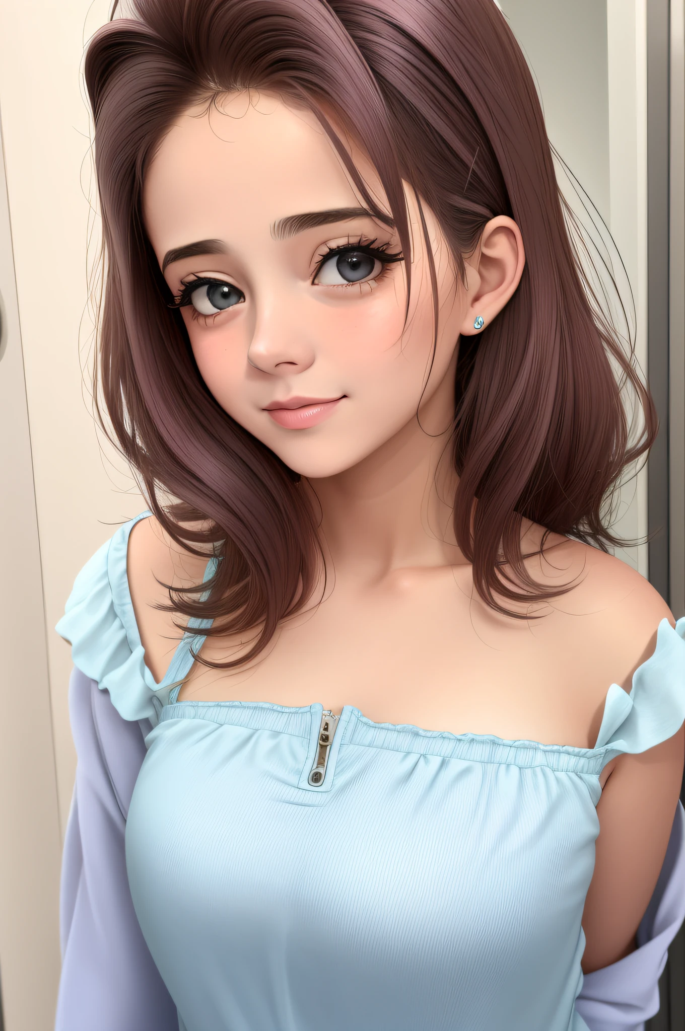 A woman with long brown hair and blue top posing for a picture - SeaArt AI