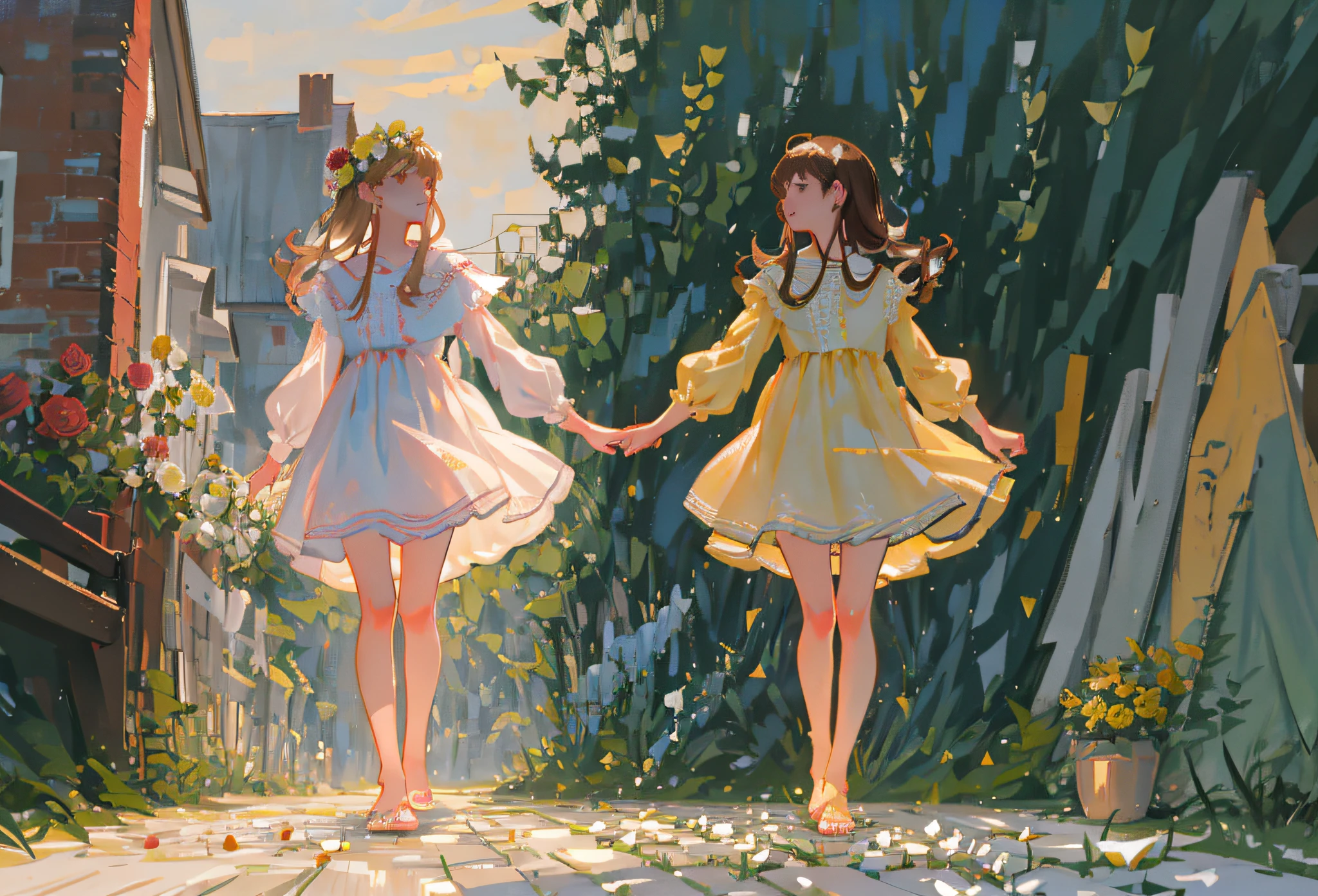 two barefoot girl walking in rose garden, evening light, one girl in short pale yellow dress and with long brown hair, another girl in short pale rose dress and with long light hair, going to each other, long legs, nice feet, nice toes, slim figure, nice belly, good mood, summer, flowers and glass of wine in hands, trees and plants, wet grass, fresh air, realistic style, best quality, fine hands, fine feet, fine faces