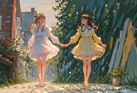two barefoot girl walking in rose garden, evening light, one girl in short pale yellow dress and with long brown hair, another g...