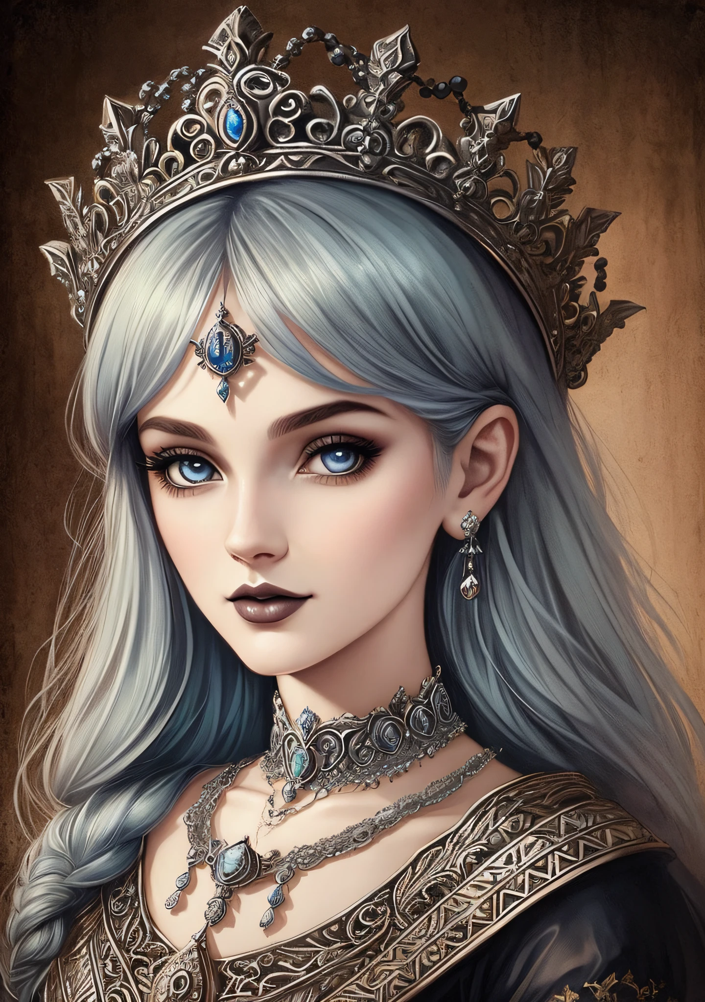 (gothic princess portrait, crown on the head and necklace on the neck ...