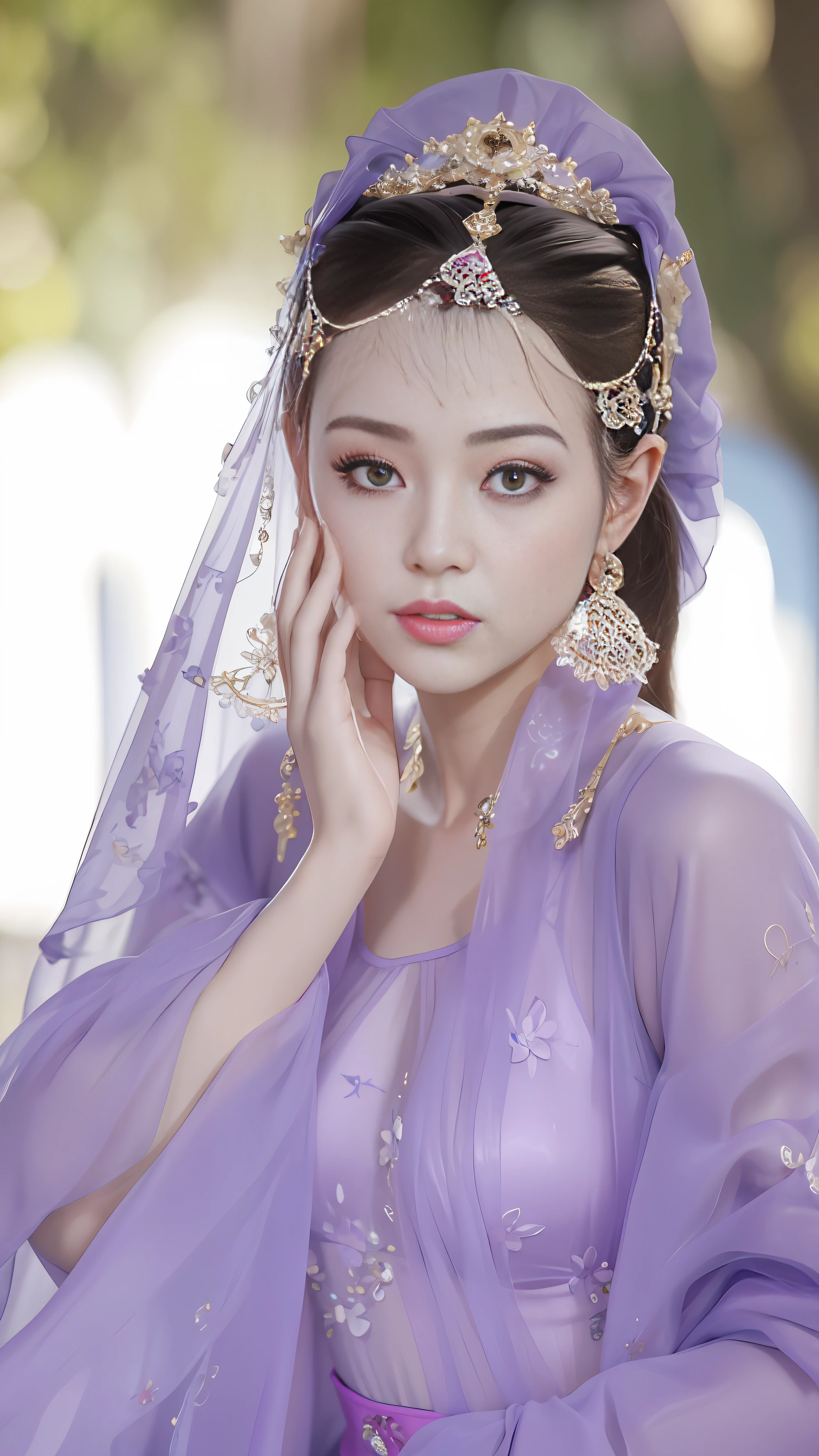 a masterpiece，Best，a masterpiece、，One Girl，2 3 years old figure，Wearing a glossy purple tulle Han suit，Correct facial features，Correct body proportions，sharp focus,(full body:1.2),s vibrant colors,Hyper-fine painting,