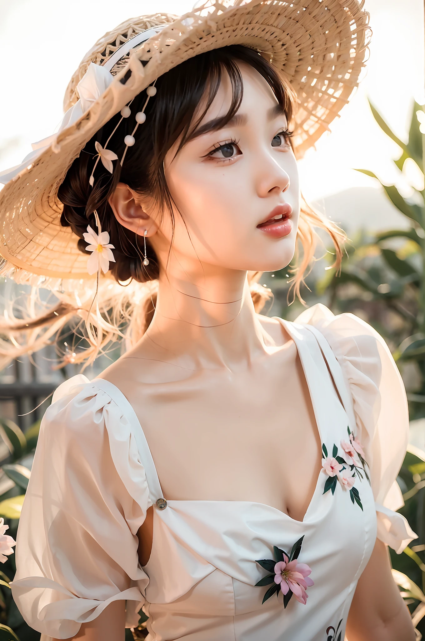 a close up of a woman wearing a hat and dress, cute delicate face, ethereal beauty, beautiful south korean woman, beautiful young korean woman, beautiful asian girl, beautiful delicate face, dreamy and ethereal, Sakimichan, gorgeous young korean woman, girl cute-clear sky-face, very ethereal, a cute young woman, gorgeous chinese model, incredibly ethereal，Wearing a skirt，No chest baring，Hold a flower in your hand to cover your chest