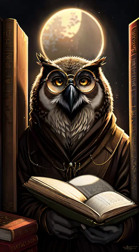 an image of a owl wearing glasses reading a book, assistente coruja, por kerembeyit, coruja radiante, the wisest of all owls, ni...