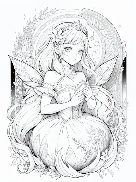 An ice fairy (outline illustration for a coloring page), anime style, black and white illustration