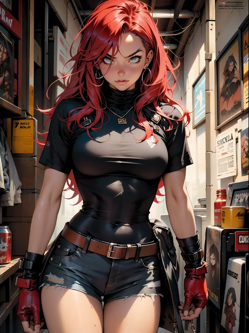 Uma guerreira mulher de 35 anos musculosa quase nua no estilo Simon Bisley para a capa da revista Heavy Metal, roupa vermelho es...