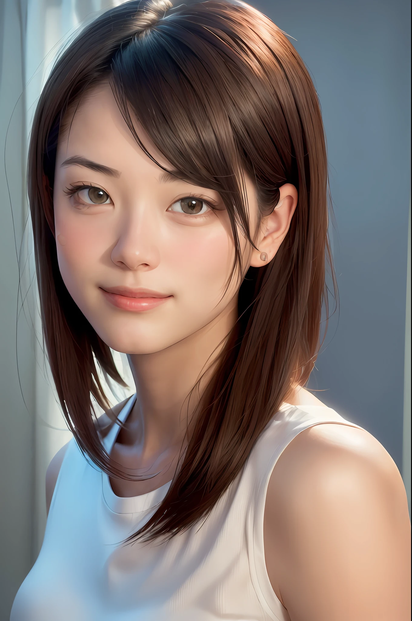 dressed, (photo realistic:1.4), (hyper realistic:1.4), (realistic:1.3),
(smoother lighting:1.05), (increase cinematic lighting quality:0.9), 32K,
1girl,20yo girl, realistic lighting, backlighting, light on face, ray trace, (brightening light:1.2), (Increase quality:1.4),
(best quality real texture skin:1.4), finely detailed eyes, finely detailed face, finely quality eyes,
(tired and sleepy and satisfied:0.0), face closeup, t-shirts,
(Increase body line mood:1.1), (Increase skin texture beauty:1.1)