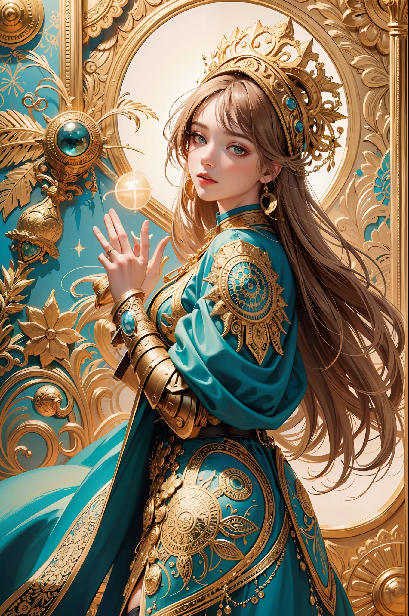 PerfectNwsjMajic,(masterpiece, top quality, best quality, official art, beautiful and aesthetic:1.2), (1girl), extreme detailed,colorful,highest detailed, official art, unity 8k wallpaper, ultra detailed, beautiful and aesthetic, beautiful, masterpiece, best quality, (zentangle, mandala, tangle, entangle) ,holy light,gold foil,gold leaf art,glitter drawing,