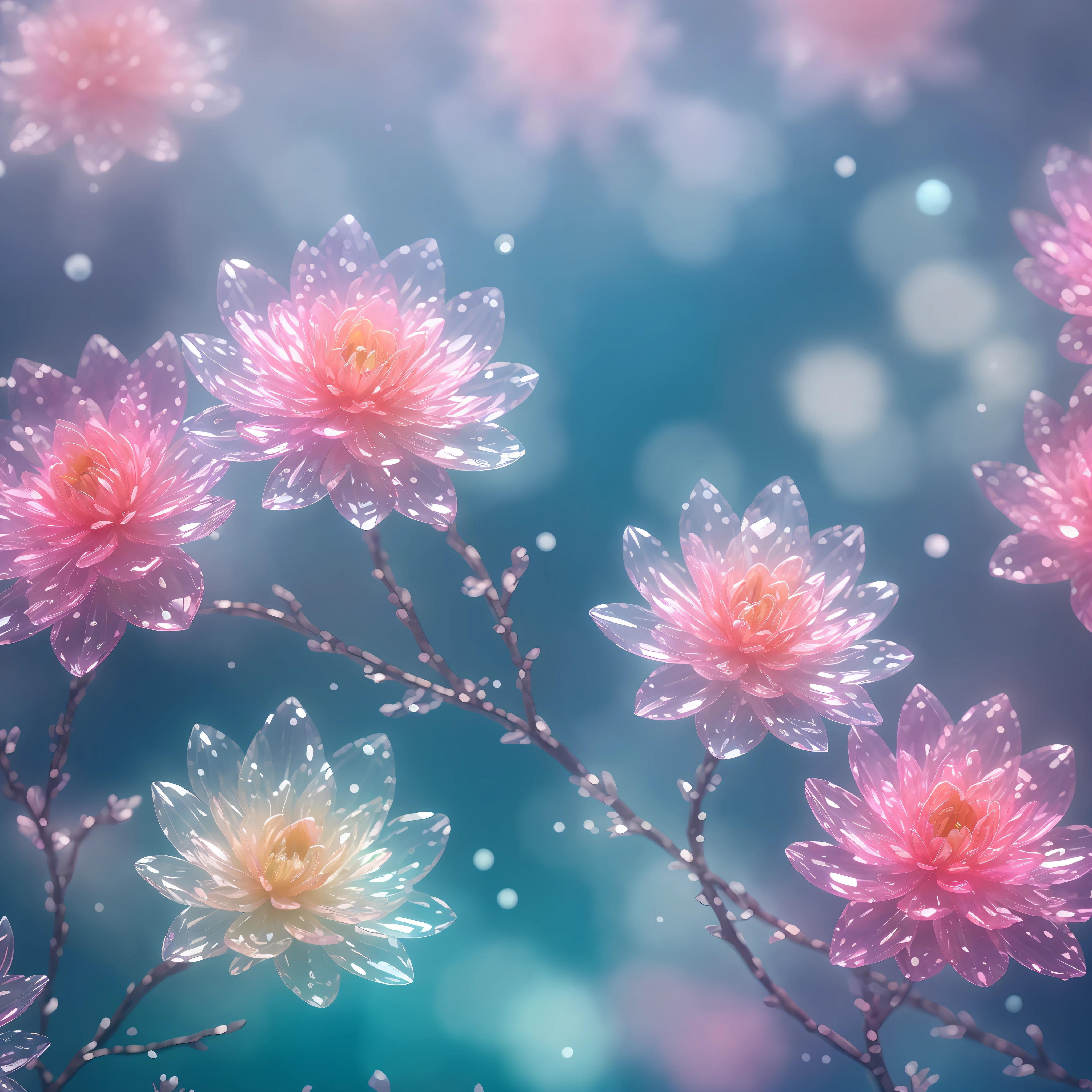 Crystal spring flower，Pink white gradient，water drop，Fantastical, galaxies, Transparent,, Pink white gradient，water drop，Light blue leaves，Sparkle, Sparkle, brilliance, aqua，colorful, Magical photography of light blue leaves, dramatic illumination, Photo realism, Ultra detailed, 4k, depthoffield, high resolusion