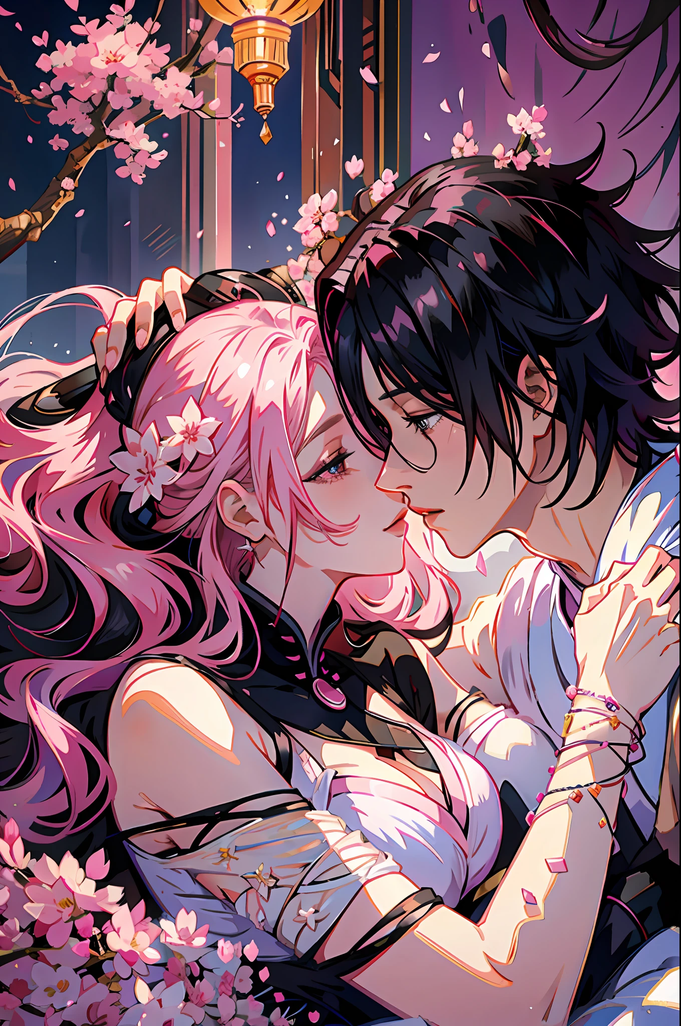 Mujer de cabello rosado acostada en los brazos de un hombre de cabello negro, realeza, Nobleza, princesa, elegant, beso, alta calidad, pareja, beso, ((sasuke and sakura)). hombre y mujer, Mirándose el uno al otro