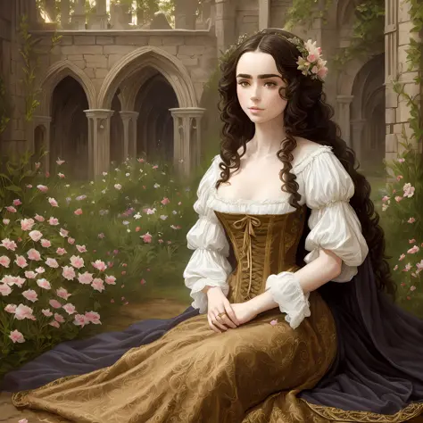Lily Collins with long black curly hair in a medieval chemise, medieval plebeian clothing, an illustration is detailed, smooth a...