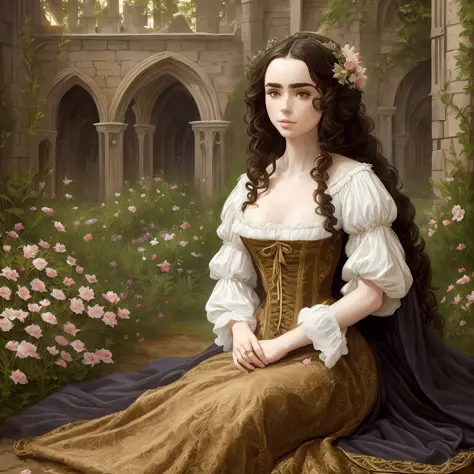 lily collins with long black curly hair in a medieval chemise, medieval plebeian clothing, an illustration is detailed, smooth a...