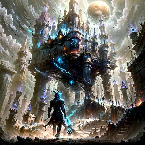Man walking towards an alien castle, Darkfantasy, with a spear in the back, Caudas Brancas, skulls and bones in the way.