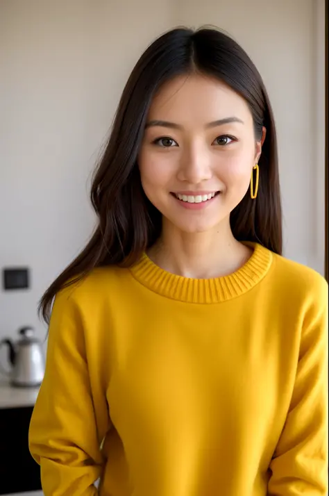 Cute beautiful Japan woman wearing yellow sweater、Drink coffee in a modern toilet at sunset,extremelydetailed, 21 years old, ino...